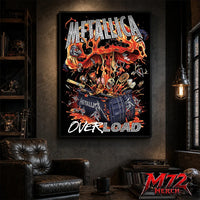 Metallica poster canvas featuring Overload Crate Explosion Artwork with a black crate bursting open, flames, skulls, relics, strange objects, molten energy, and chaotic heavy metal detail