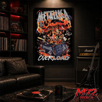 Metallica poster canvas featuring Overload Crate Explosion Artwork with a black crate bursting open, flames, skulls, relics, strange objects, molten energy, and chaotic heavy metal detail